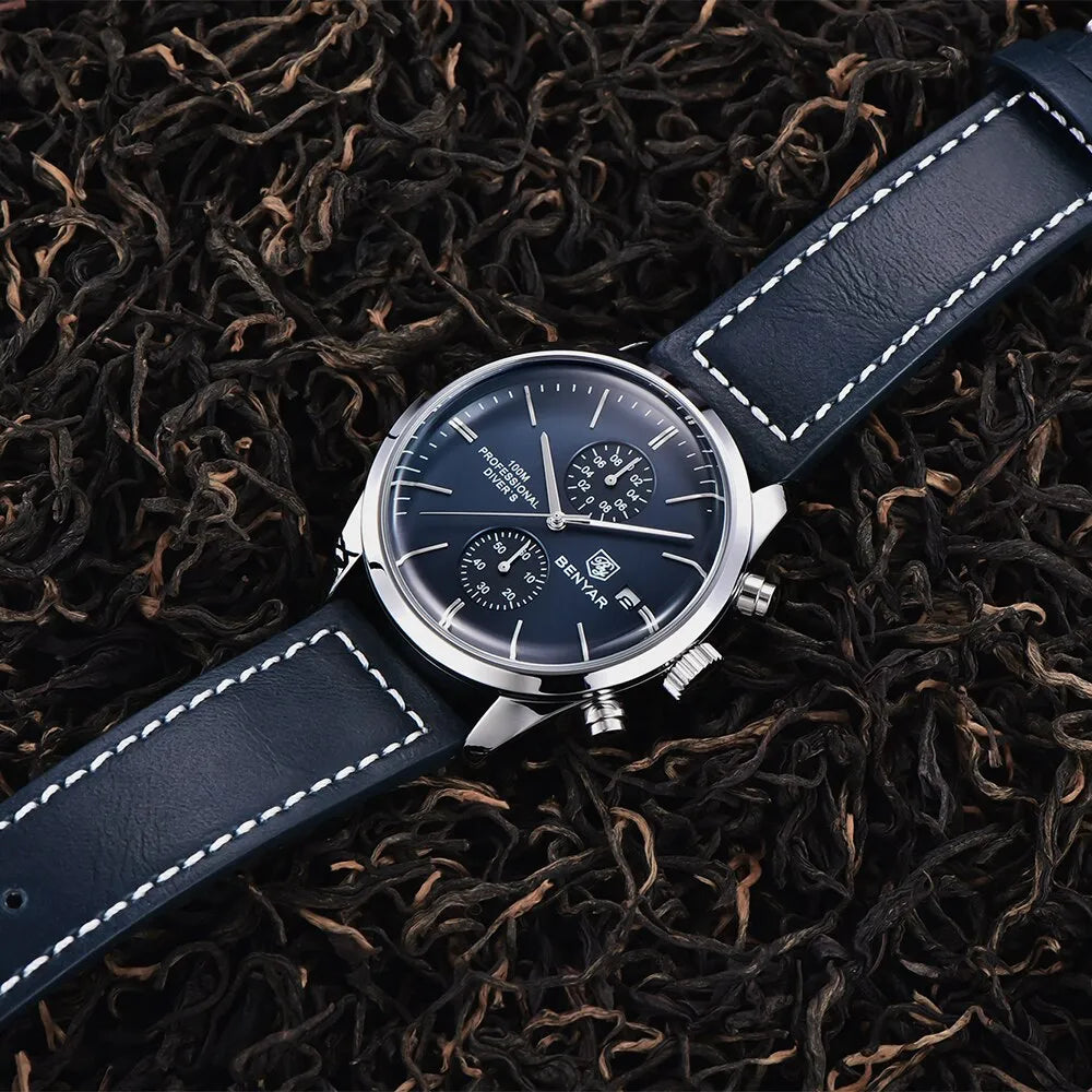 Relógio Masculino Azul Pulseira de Couro Fachini 42mm + Caixa Exclusiva
