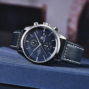 Relógio Masculino Azul Pulseira de Couro Fachini 42mm + Caixa Exclusiva